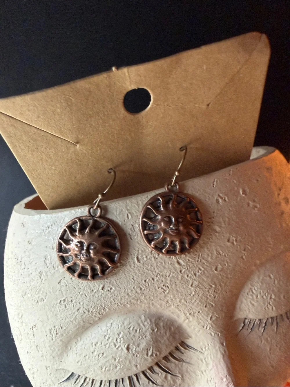 Sun Face Dangle Earrings - Copper Tone